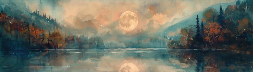 Aufkleber - Serene moonlit landscape over a calm lake surrounded by trees with colorful foliage and misty mountains in the distance.