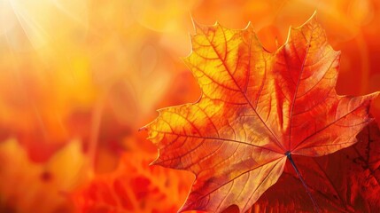 Poster - Close-up of vibrant autumn leaves with sunlight, showcasing the beauty of fall colors and the warm tones of the season.