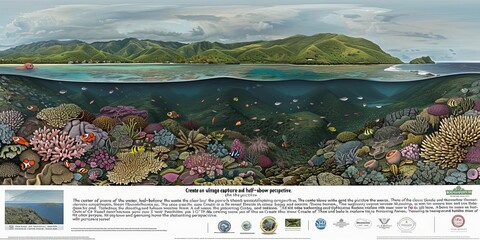 Wall Mural - A dynamic half-above, half-below water perspective showing vibrant coral reefs and a mountainous landscape under a clear blue sky.