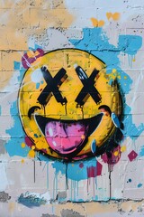 Sticker - This graffiti art depicts a yellow smiley face with X eyes and its tongue out, surrounded by colorful splashes and drips, exuding a playful and rebellious vibe.