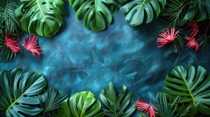 Wall Mural - A dark blue background is covered in lush tropical leaves and red flowers, creating a vibrant and exotic scene.