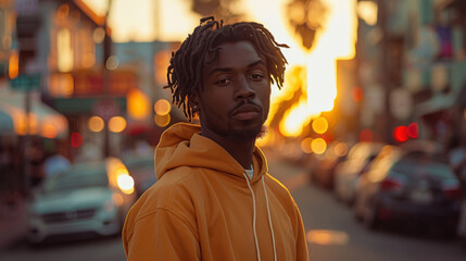 Wall Mural - A young man with dreadlocks stands in front of a busy street. He is wearing a yellow hoodie and looking at the camera with a serious expression. The background is blurred with warm colors.