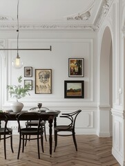 Poster - A stylish and elegant dining room featuring black chairs, a wooden table, white intricately designed walls, a green potted plant, and framed artwork, exuding sophistication.