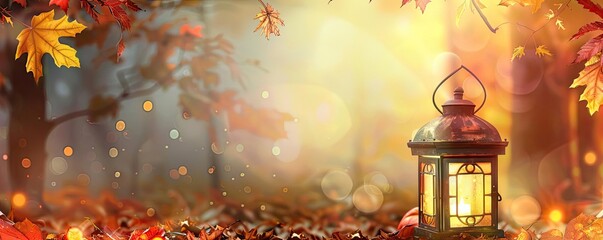 Poster - Beautiful autumn scene in the forest with a glowing lantern and colorful fall leaves, creating a warm and cozy atmosphere.