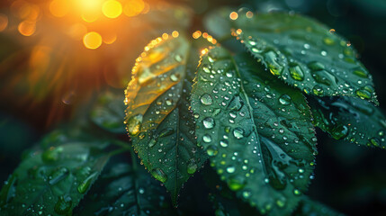 Wall Mural - The image shows a close-up of a leaf with raindrops on it. The leaf is green and the raindrops are clear. The sun is shining through the raindrops and creating a beautiful sparkle.