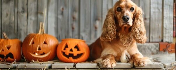 Wall Mural - A dog is sitting in front of a pile of pumpkins.