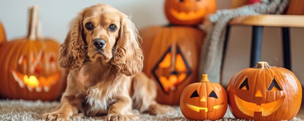 Wall Mural - A dog is sitting in front of a pile of pumpkins.