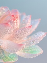 Canvas Print - A close-up of delicate lotus petals bejeweled with dewdrops highlights the flower’s translucent beauty and serene elegance.