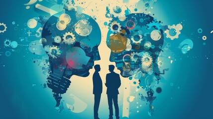 This image depicts two silhouetted profiles facing each other, surrounded by gears and mechanical elements, illustrating abstract thinking and connection.