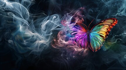 Wall Mural - colorful butterfly made of smoke on a black background.