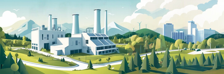 Wall Mural - Eco green industry skyscape cartoon style clean energy factory in nature blue sky silhouette art friendly looking flate lanscape