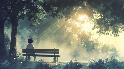 Wall Mural - A woman sits on a bench in a forest. Anime background, anime wallpaper