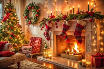 Poster - Cozy living room decorated for Christmas and New Year, featuring a festive red sock on the fireplace mantle, surrounded by candles, garlands, and ornaments.