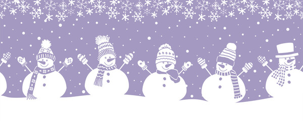 Wall Mural - Snowmen Have Fun in Winter Holidays. Seamless Border. Christmas Background. Different Snowmen in Winter Knitted Clothes Under Snowflakes. Greeting Card Template. Vector illustration in Purple White