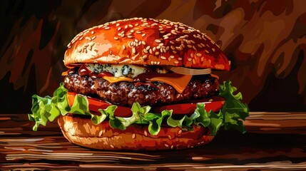 Wall Mural - Delicious and juicy cheeseburger with lettuce, tomato, and sesame seed bun on rustic wooden table, artistic food illustration.