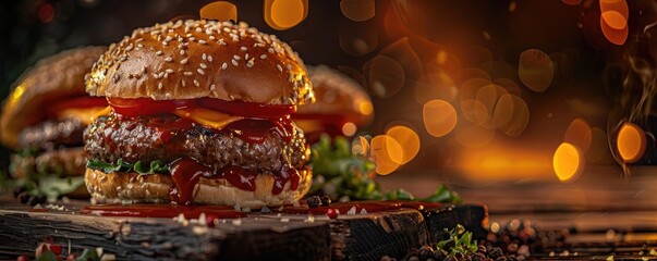 Wall Mural - Delicious mouth-watering cheeseburger with fresh ingredients and juicy beef patty, perfect for any gourmet meal or fast food concept.