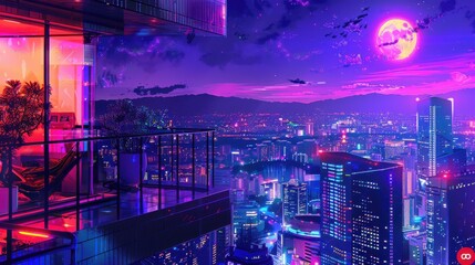 Neon Metropolis: A Balcony View of a Futuristic City at Night with Vibrant Colors