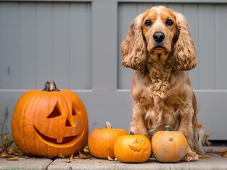 Wall Mural - A dog is sitting in front of a pile of pumpkins.