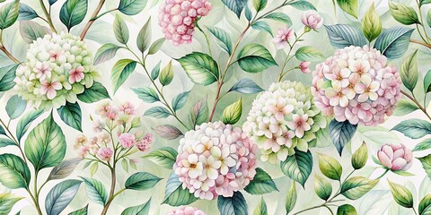 Wall Mural - Softly blended watercolour floral design featuring delicate hydrangea blooms, lush green leaves, and elegant branches on a subtle, seamless background pattern.