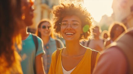 Young Hispanic woman laughs and smiles among her friends as they walk down a city street having fun