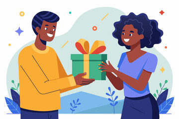 flat vector illustration of a woman giving a gift box to her boyfriend