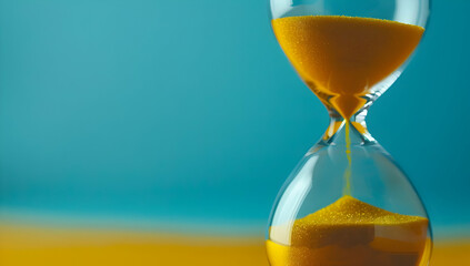 Close-up of a yellow sand hourglass on a blue background, representing the flow of time and the concept of urgency.