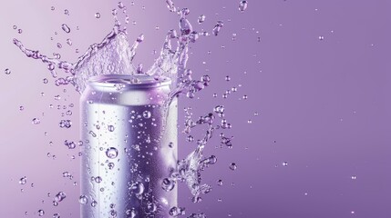 Empty aluminium soda can with a water splash effect. This mockup may be used as beverage / drink product promotion. Purple background.