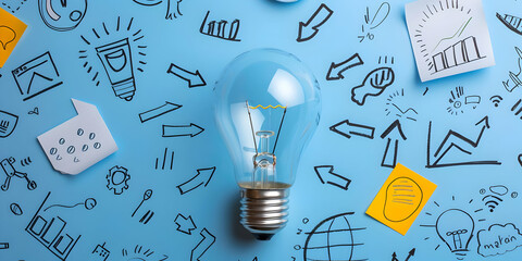 Creative light bulb surrounded by hand-drawn business icons on a blue background, symbolizing innovation, strategy, and business planning.