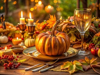 Poster - Autumnal table setting with pumpkin centerpiece, golden silverware, and warm candlelight, surrounded by rich fall colors and lush greenery, evoking cozy celebration ambiance.