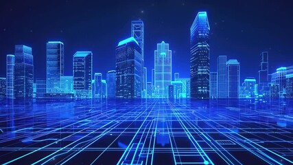 Poster - Skyscraper futuristic city. Futuristic cityscape with holographic neon blue lights and digital grid background. Urban development and smart city technology. Smart city digital. Technology background