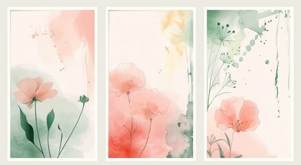 Set of three wedding invitation or greeting cards decorated with pink flowers. Beautiful floral design with empty white background space for text. 