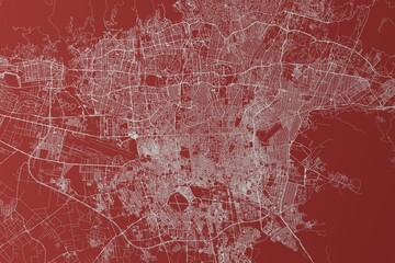 Map of the streets of Tehran (Iran) made with white lines on red background. Top view. 3d render, illustration