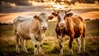 © Rudsaphon - Two cows standing in a sunlit field with a beautiful sunset in the background, exuding a serene and pastoral rural scene.