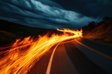 Poster - Dramatic scene of a fiery blaze on a winding road under a stormy sky