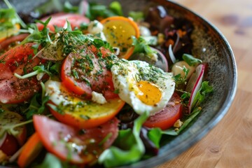 Sticker - Close-up of a colorful salad with tomatoes, greens, and a poached egg on top