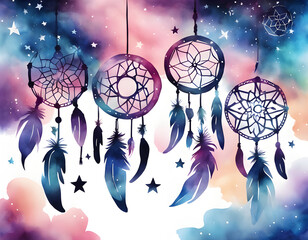 Wall Mural - Watercolor creative starry sky dream catcher background