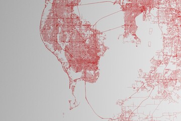 Wall Mural - Map of the streets of St Petersburg (Florida, USA) made with red lines on white paper. 3d render, illustration