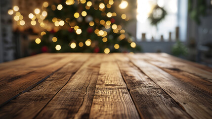 Wall Mural - Wood table with copy space and bokeh lights on christmas tree