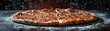 © Thamonchanok - Close-up of a delicious pizza with a thin crust, topped with melted cheese and pepperoni, fresh out of the oven, taken in dramatic lighting.