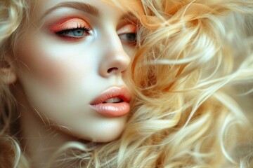 Sticker - Dreamy close-up of a young woman with flowing blonde hair and soft makeup