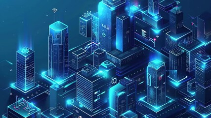 Poster - Smart city and communication network concept. Futuristic smart city isometric background with digital hologram of building. Futuristic urban technology. Technology Background. Smartcity buildings. IOT