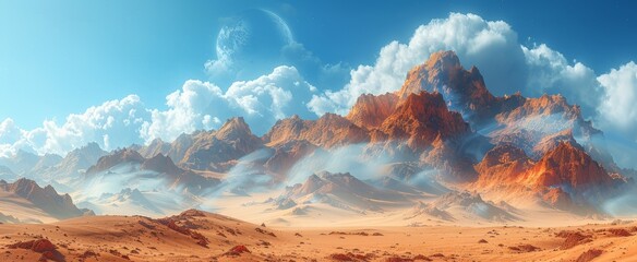 Wall Mural - Majestic mountain range casting shadows over a sprawling desert landscape under a vast blue sky with fluffy clouds.