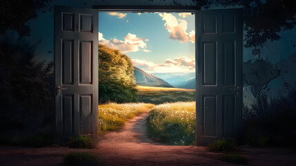 Canvas Print - An open door showing the path to a new land.