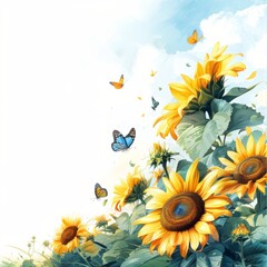 Wall Mural - Sunflowers and Butterflies Watercolor Painting.