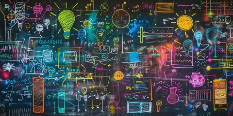 Fototapete - A chalkboard covered in colorful sketches and diagrams, capturing the chaotic and creative process of brainstorming
