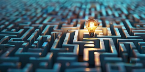 Fototapete - A maze with a clear path leading to a light bulb at the center, illustrating the process of navigating through challenges to reach a solution