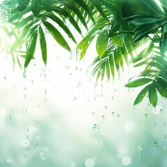 Wall Mural - Green Leaves with Water Droplets.