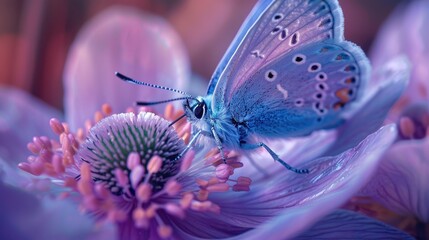 Poster - Macro close-up of a beautiful purple blue butterfly on an anemone flower in spring.