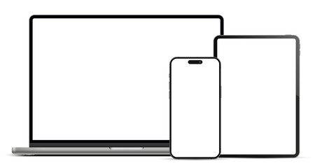 Poster - Laptop computer, tablet pc and mobile phone mockup front view, digital devices screen template isolated with transparent background