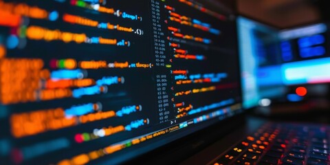 Wall Mural - programmer focused on coding on a computer screen, surrounded by code, representing software develop
